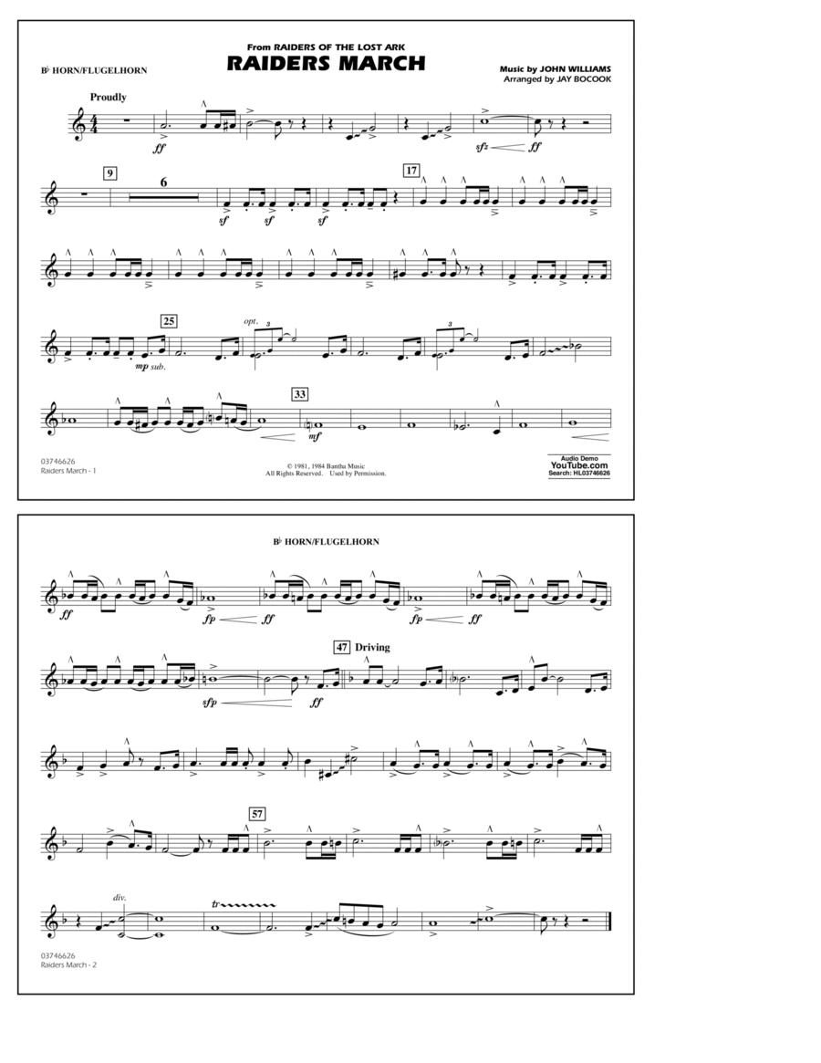 Raiders March (from Raiders Of The Lost Ark) (arr. Jay Bocook) - Bb Horn/Flugelhorn Marching Band scores gallery preview page 1
