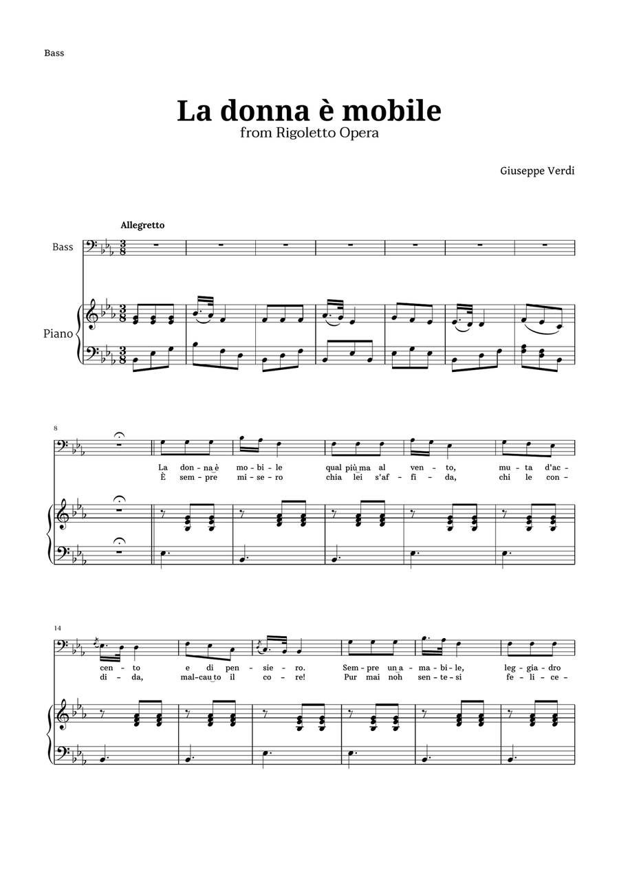 La donna è mobile in E-flat major for Bass and Piano Piano, Vocal scores gallery preview page 1