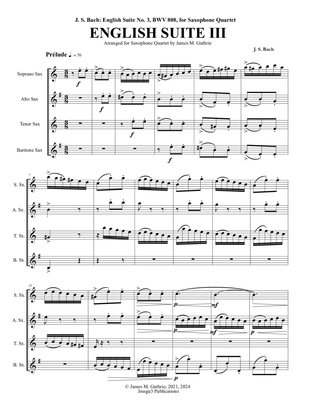 Book cover for Bach: English Suite No. 3, BWV 808, for Saxophone Quartet
