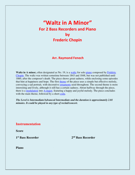 Waltz in A Minor (Chopin) - 2 Bass Recorders and Piano - Chamber music image number null
