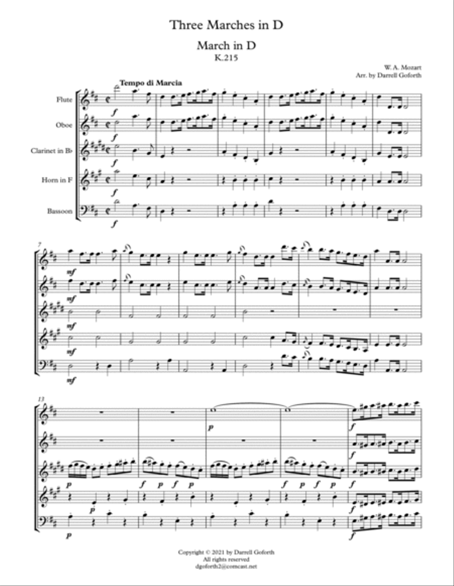 Mozart: Three Marches in D for Woodwind Quintet Woodwind Quintet scores gallery preview page 2