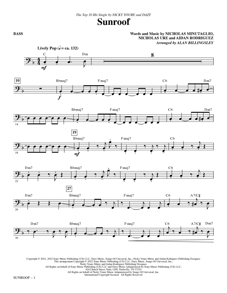 Book cover for Sunroof (arr. Alan Billingsley) - Bass