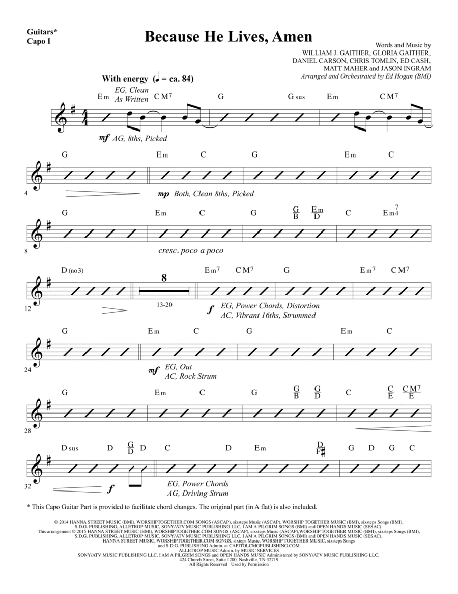 Because He Lives, Amen (arr. Ed Hogan) - Capo Guitar Choir scores gallery preview page 1