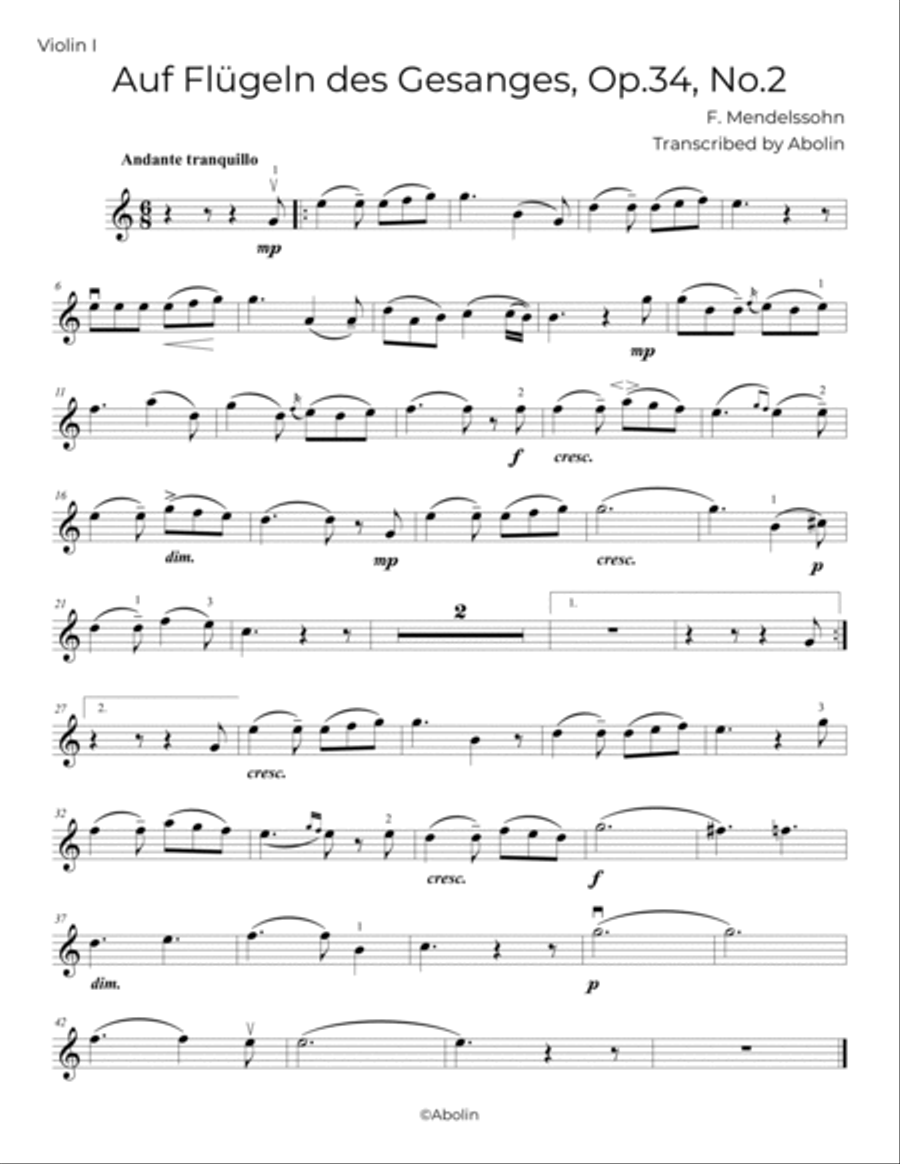 Mendelssohn: On Wings of Song, Op.34, No.2 - arr. for Violin Quartet String Quartet scores gallery preview page 6
