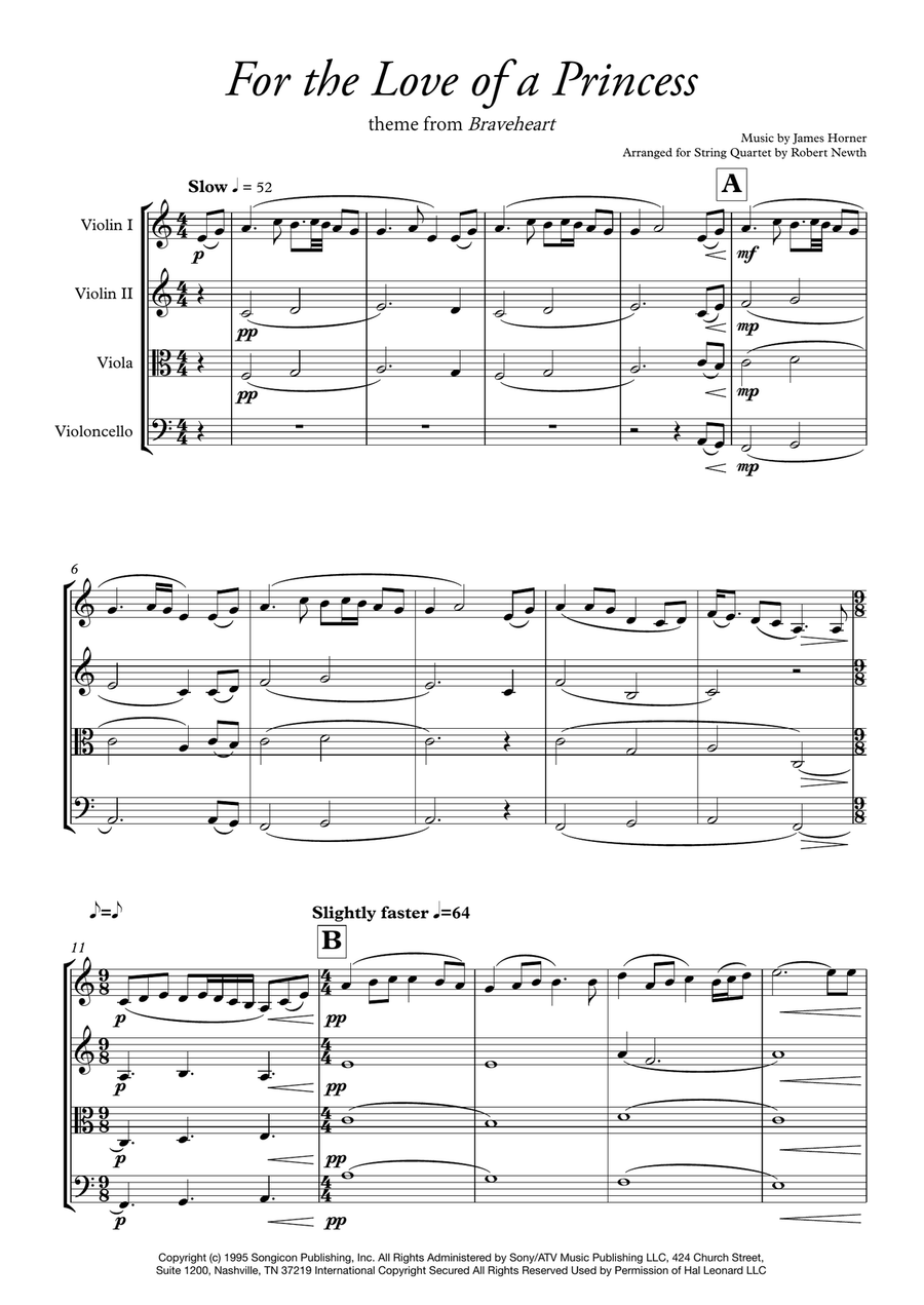 For The Love Of A Princess from the Twentieth Century Fox Motion Picture BRAVEHEART String Quartet scores gallery preview page 1