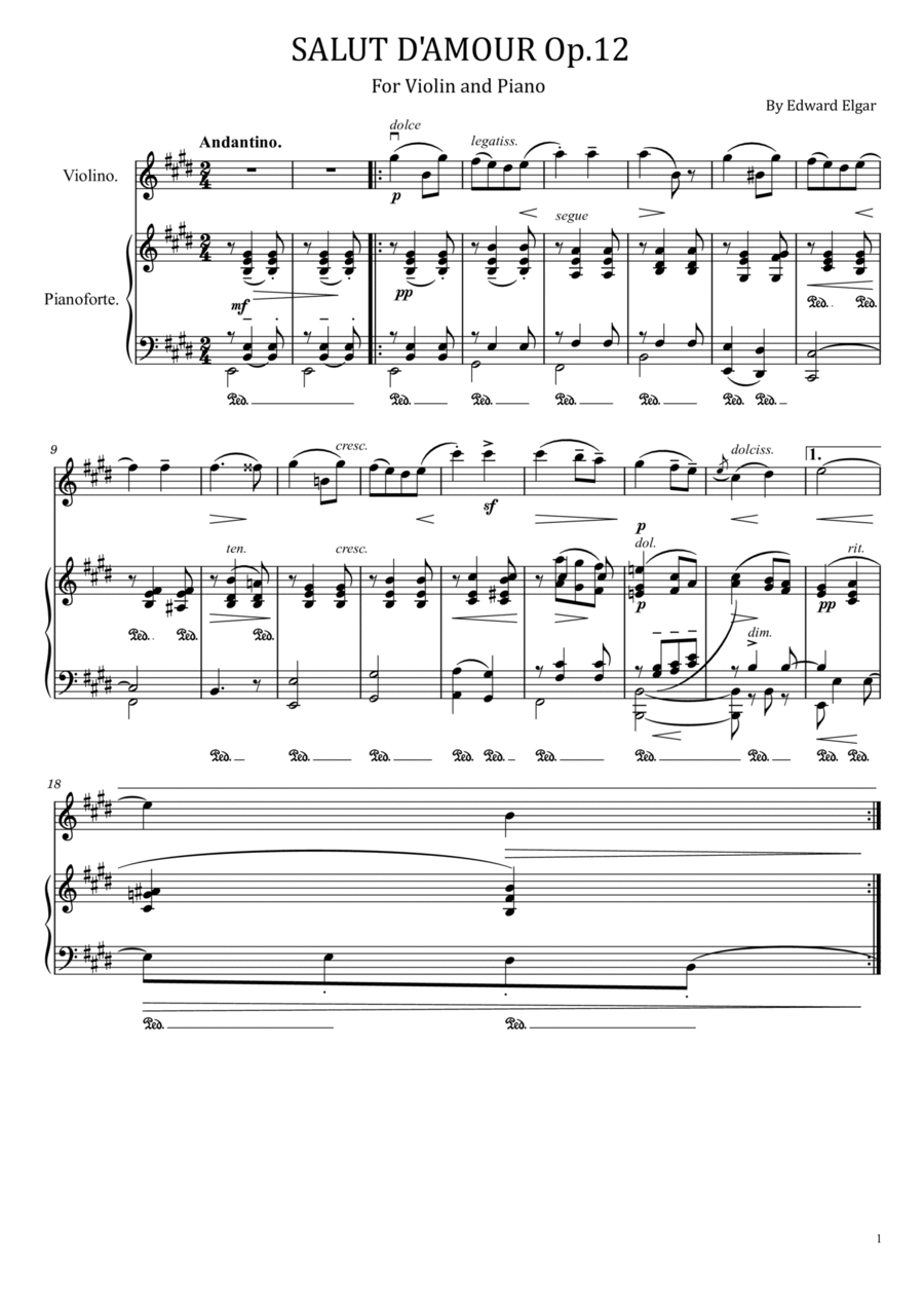 Salut d'Amour (Love's Greeting), Op. 12 - For Violin and Piano Violin Solo scores gallery preview page 1