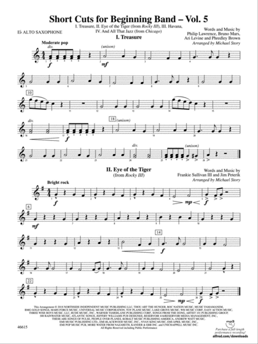 Short Cuts for Beginning Band -- Vol. 5: E-flat Alto Saxophone Concert Band scores gallery preview page 1