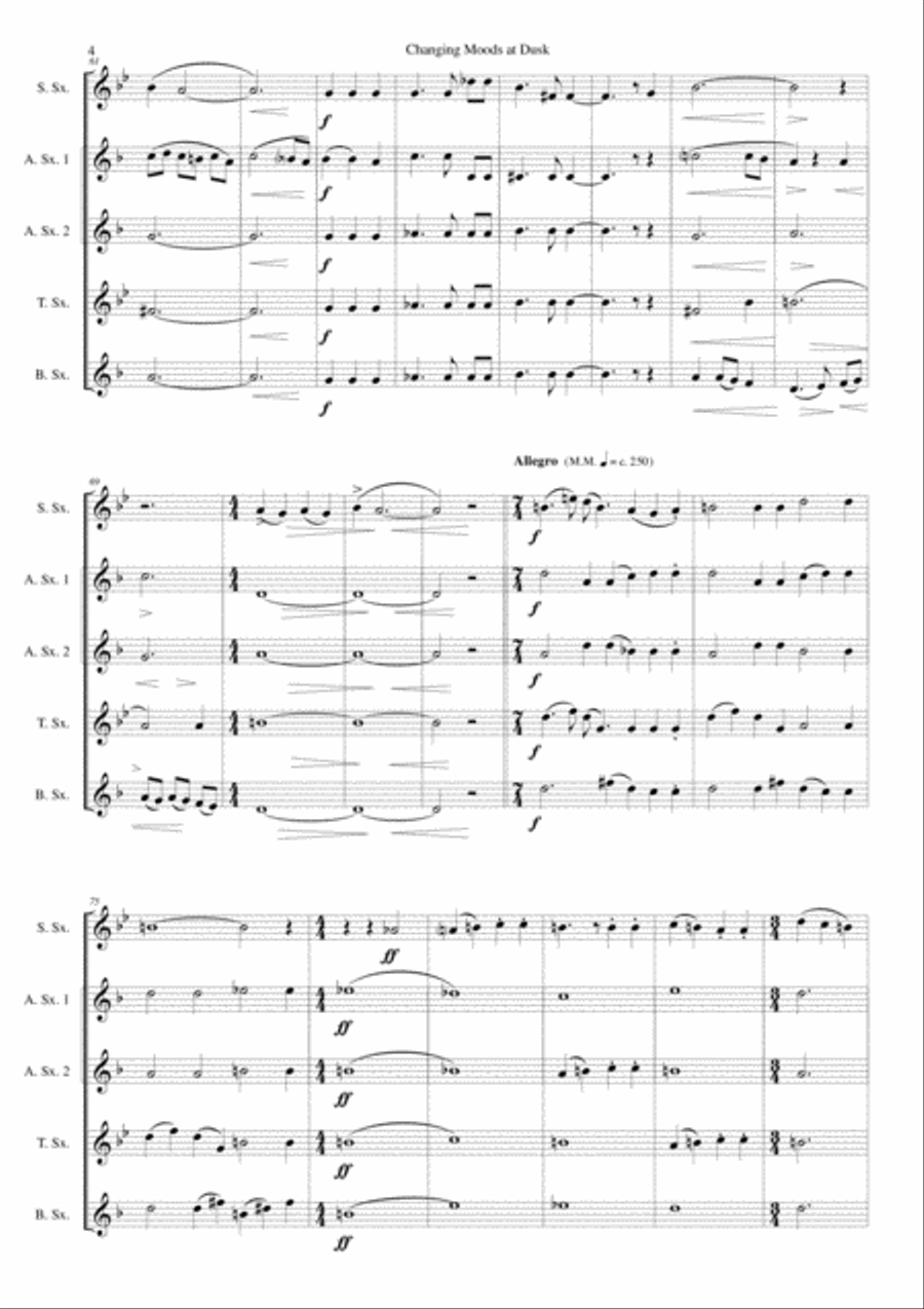 Changing moods at dusk for saxophone quintet (soprano, 2 altos, 1 tenor, 1 baritone) Saxophone Quintet scores gallery preview page 4