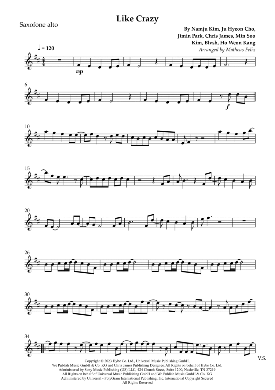 Like Crazy (English Version) Alto Saxophone scores gallery preview page 1