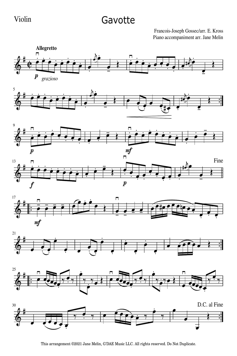 Gossec - Gavotte for Violin and Piano - Simplified Piano Accompaniment Violin Solo scores gallery preview page 4