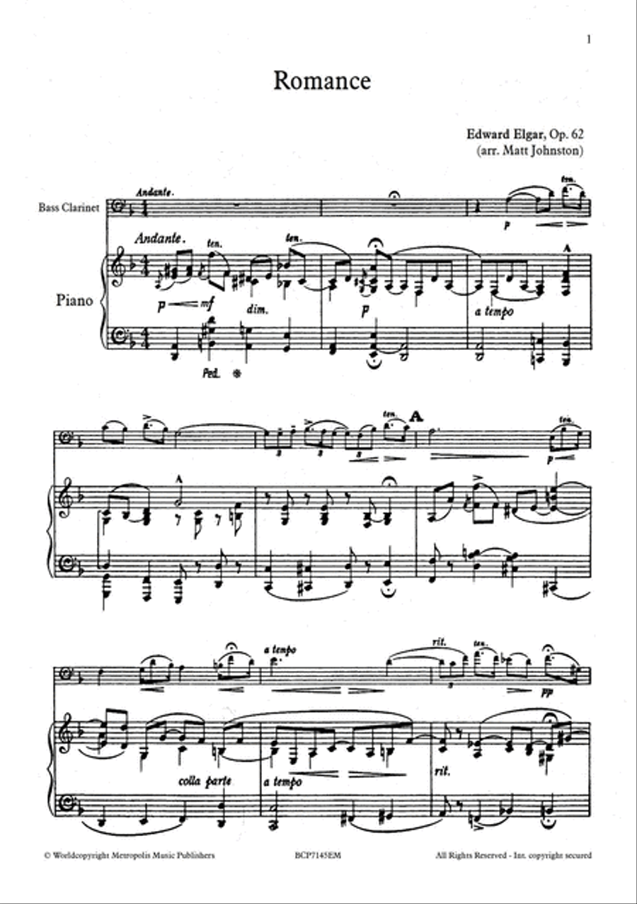 Romance, Op. 62 for Bass Clarinet and Piano