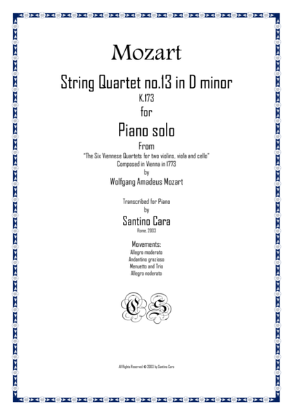 Mozart – Complete String quartet no.13 in D minor K173 for piano solo image number null