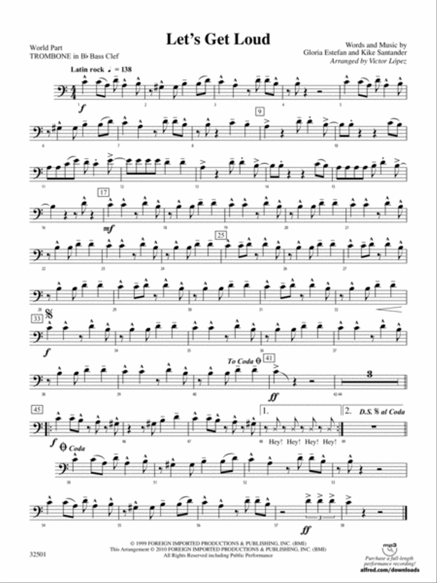 Let's Get Loud: (World Part) 1st B-flat Trombone B.C. Concert Band scores gallery preview page 1