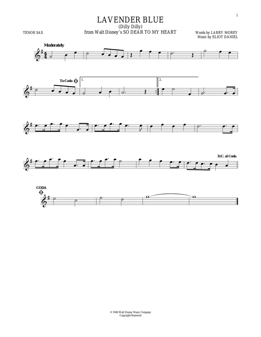 Lavender Blue (Dilly Dilly) (from So Dear To My Heart) Tenor Saxophone scores gallery preview page 1