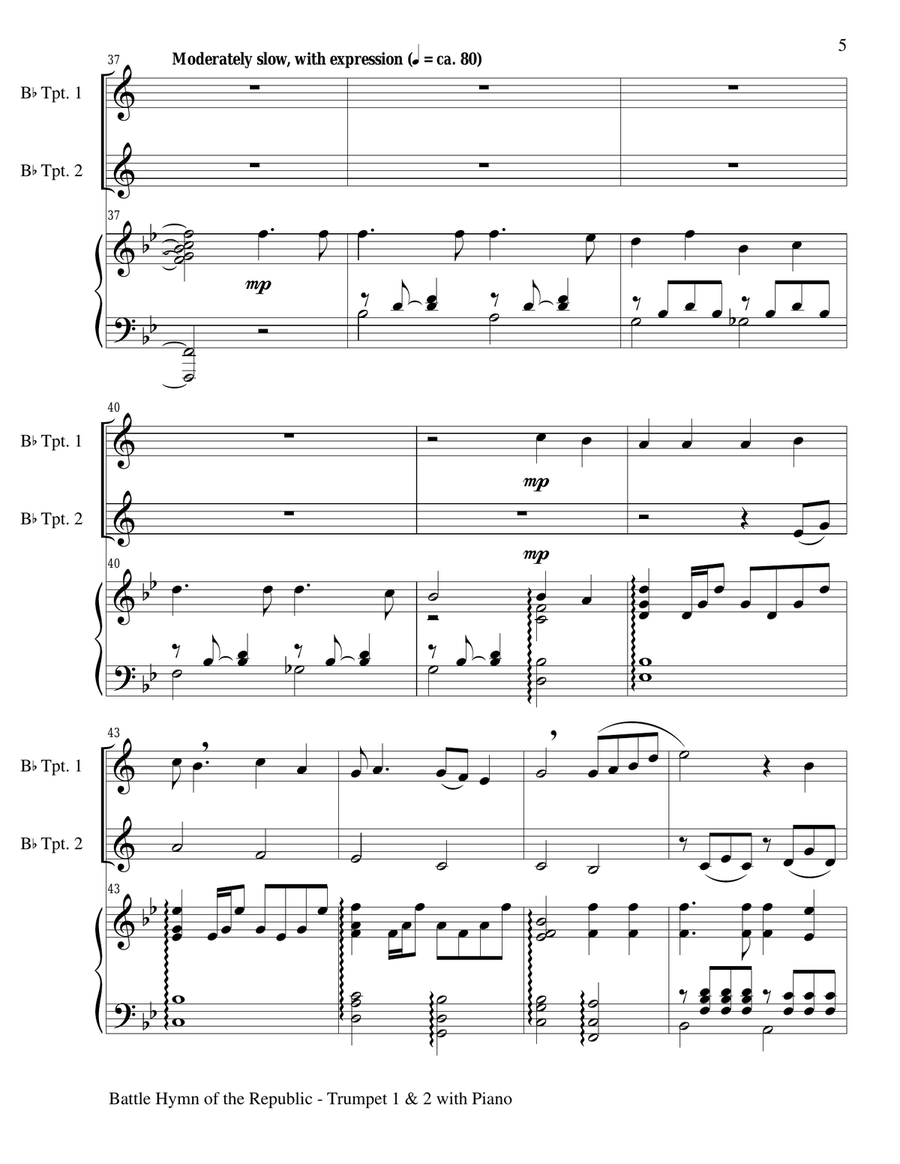 BATTLE HYMN OF THE REPUBLIC (Trio– Bb Trumpet1, Bb Trumpet 2 with Piano/Score and Parts) Trumpet Duet scores gallery preview page 5
