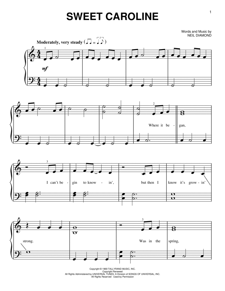 Sweet Caroline Easy Piano scores gallery preview page 1