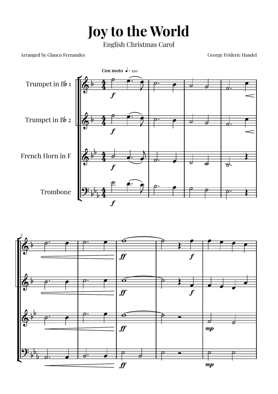 Joy to the World | STUNNING Arrangement Brass Quartet scores gallery preview page 1