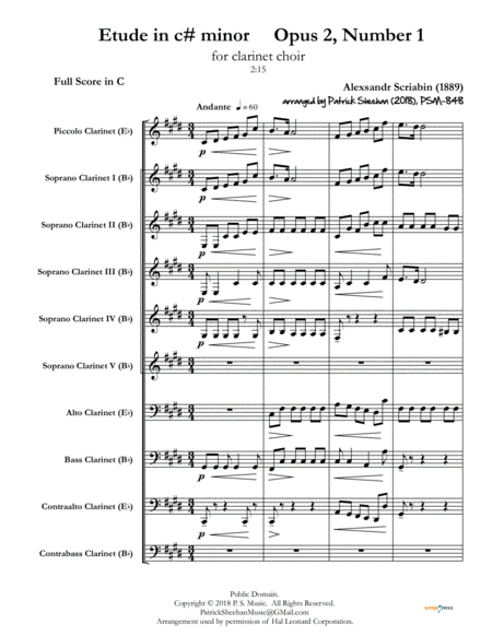 Etude for Piano in c# minor: Opus 2, No. 1 [for clarinet choir] (full score & set of parts) image number null