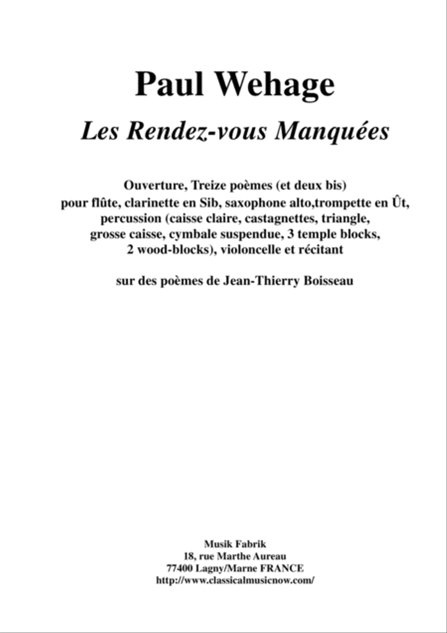 Paul Wehage: Les Rendez-vous Manqués for narrator and mixed ensemble Small Ensemble scores gallery preview page 1
