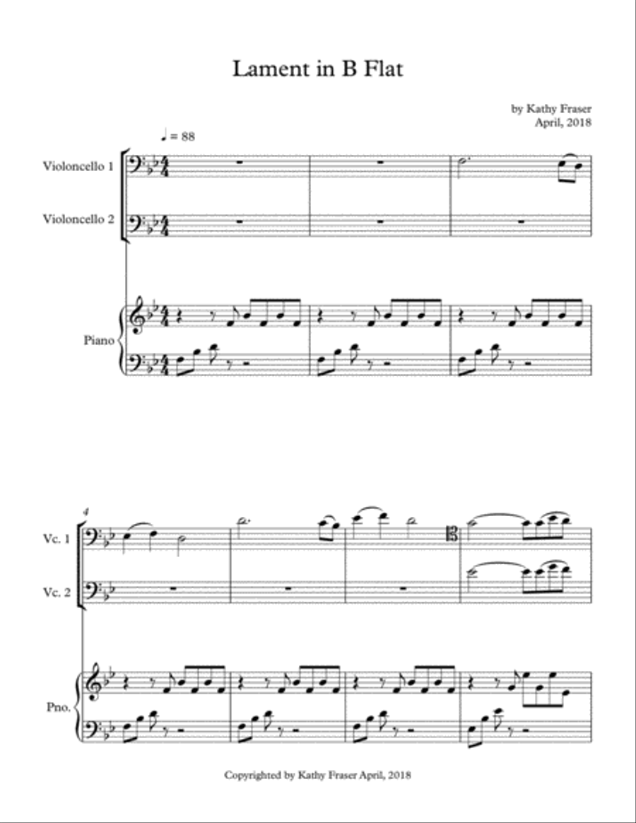 Lament in B Flat for Two Cellos and Piano String Duet scores gallery preview page 1