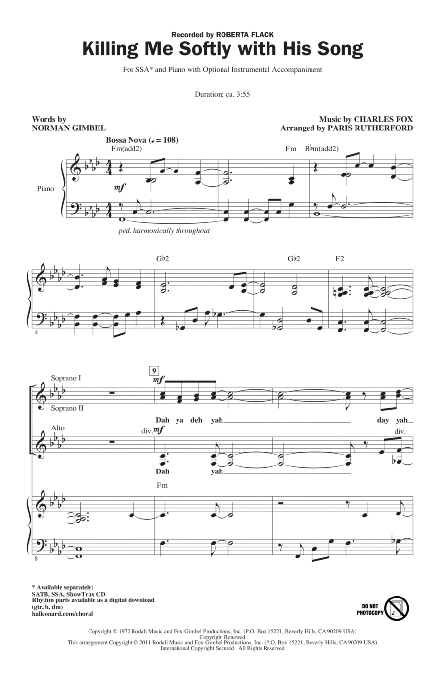 Killing Me Softly With His Song (arr. Paris Rutherford) SSA scores gallery preview page 1