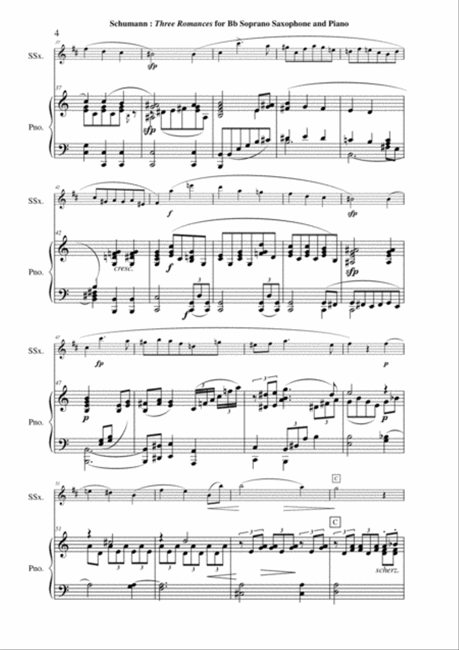 Robert Schumann: Three Romances (Drei Romanzen), Opus 94, arranged for Bb soprano saxophone and pia Soprano Saxophone scores gallery preview page 4