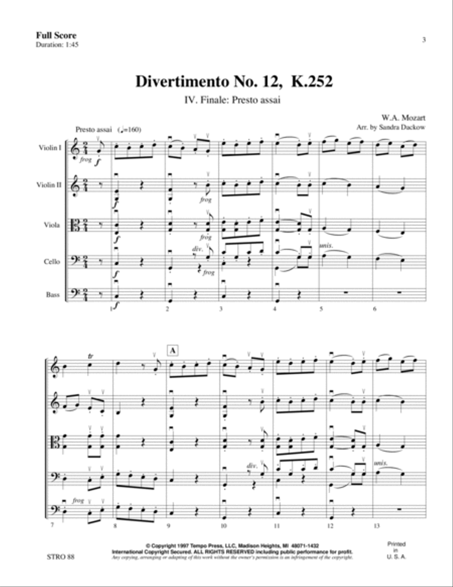 Divertimento No. 12, K. 252: Presto (Finale, 4th movement) Orchestra scores gallery preview page 2