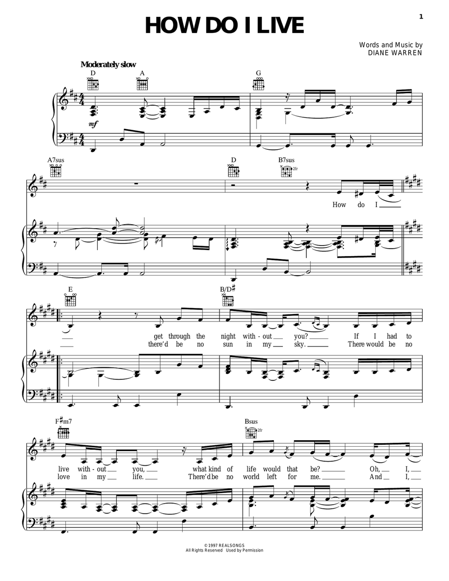 How Do I Live Piano, Vocal, Guitar scores gallery preview page 1
