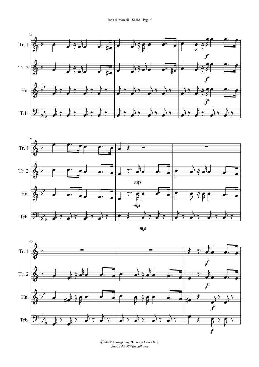 Inno di Mameli (Il Canto degli Italiani, Italy National Anthem) for Brass Quartet Brass Quartet scores gallery preview page 5