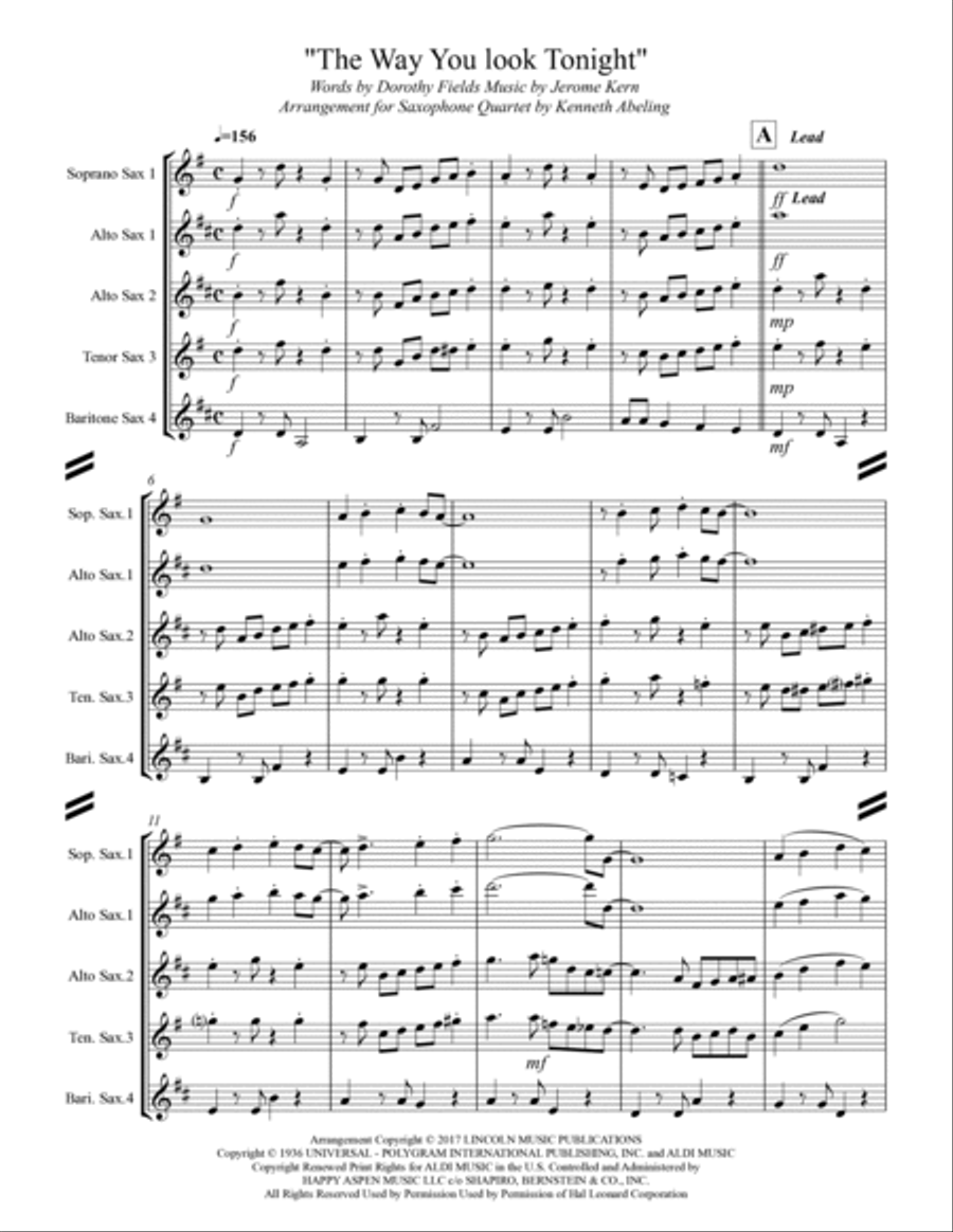 The Way You Look Tonight Saxophone Quartet scores gallery preview page 2