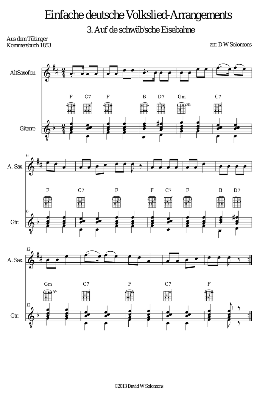 Railway Song (Auf de schwäb'sche Eisebahne) for alto-saxophone and guitar Saxophone scores gallery preview page 4