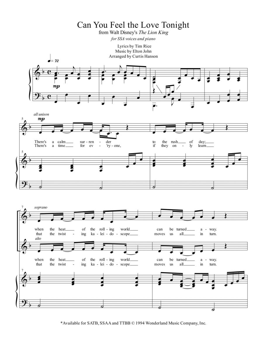 Can You Feel The Love Tonight SSA scores gallery preview page 1