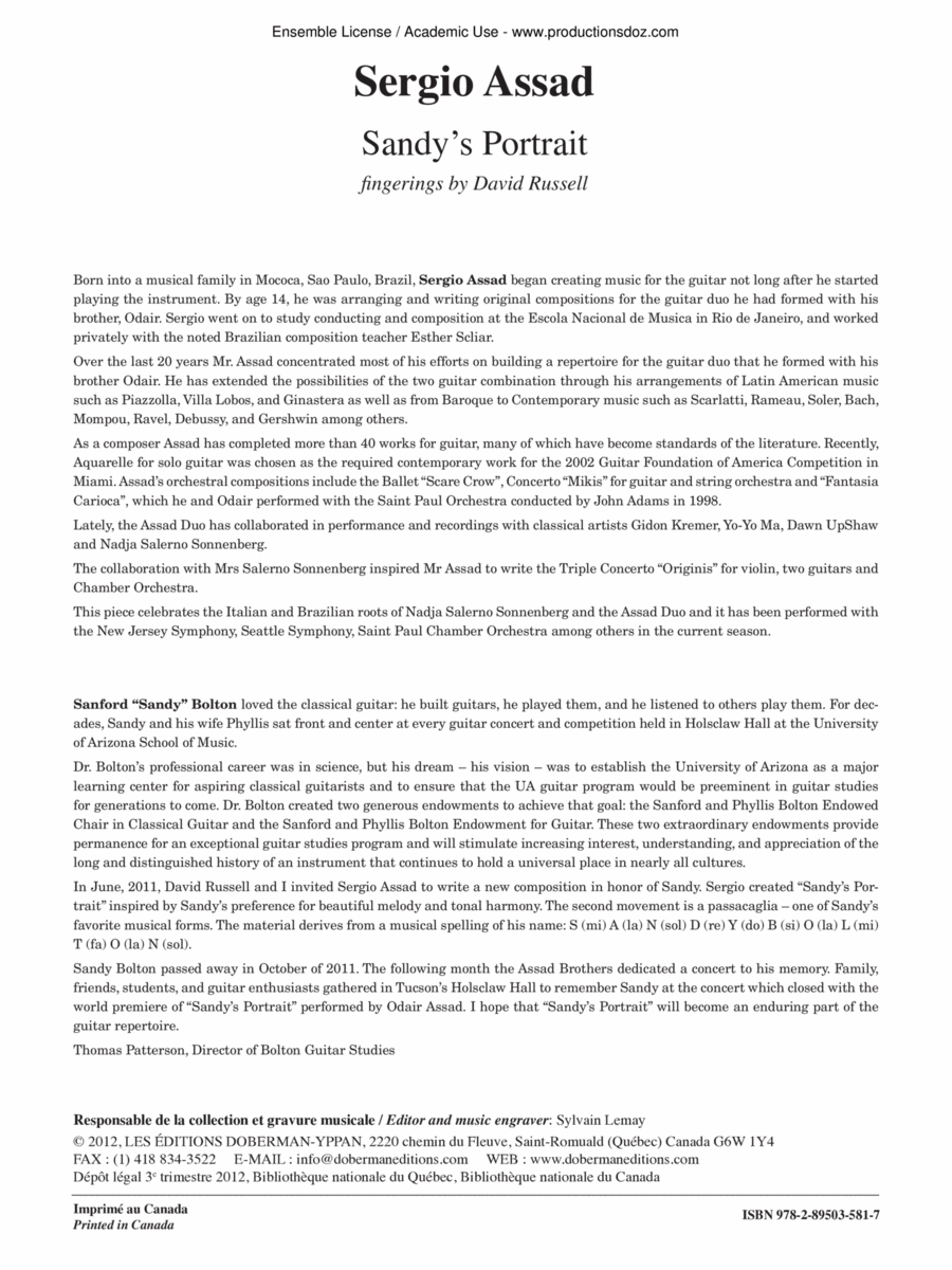 Sandy’s Portrait Classical Guitar scores gallery preview page 1