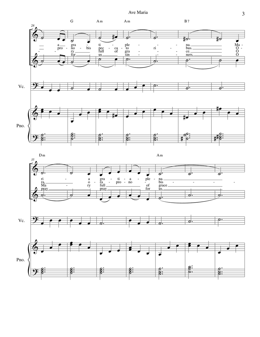 Ave Maria - duet Latin and English lyrics incl for flute or violin or cello, voice duet and piano Small Ensemble scores gallery preview page 3