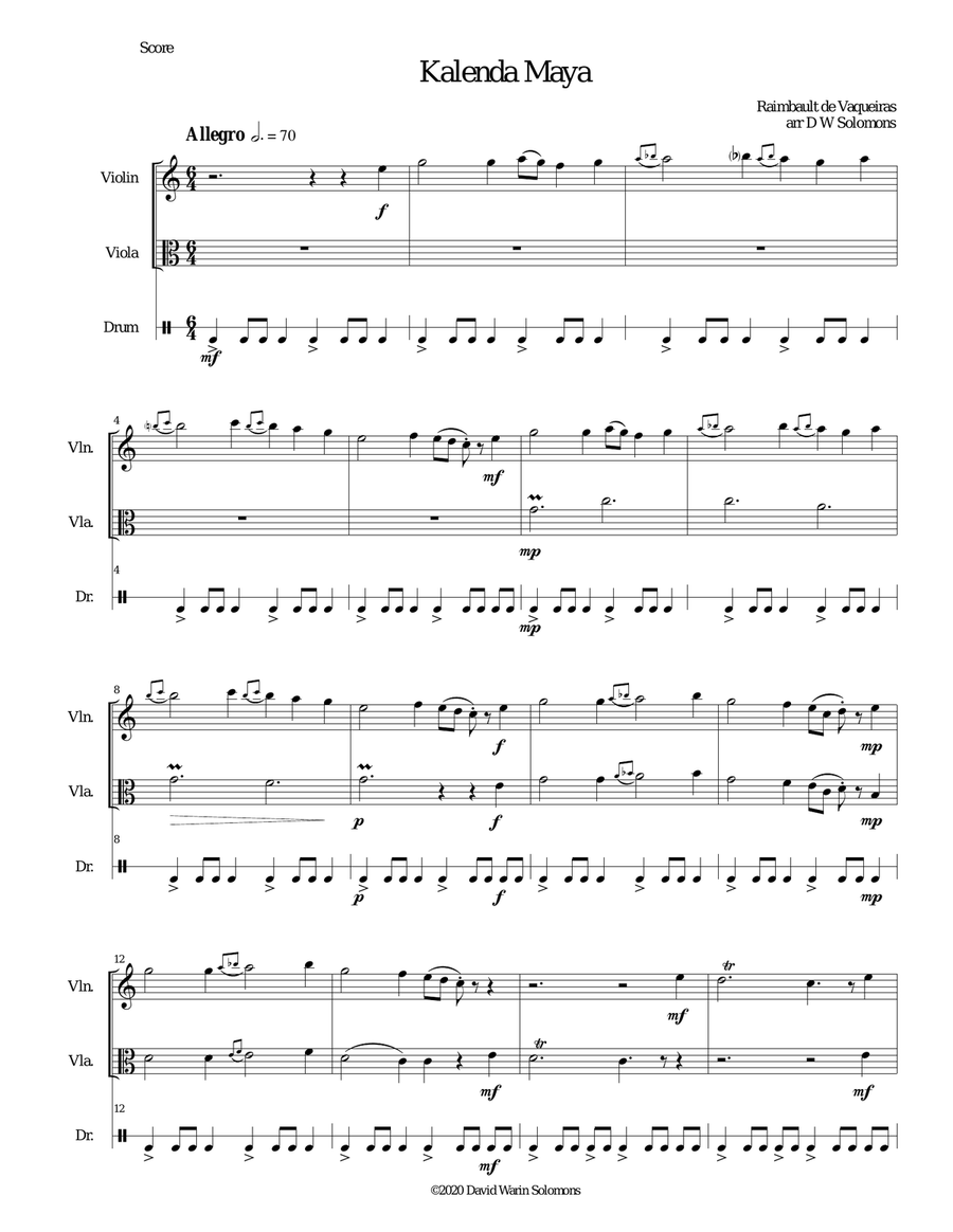 Kalenda Maya for violin, viola and drum Small Ensemble scores gallery preview page 1