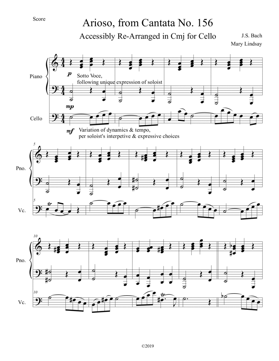 Arioso from Cantata No. 156 Piano Score for Solo Cello in C Piano scores gallery preview page 1