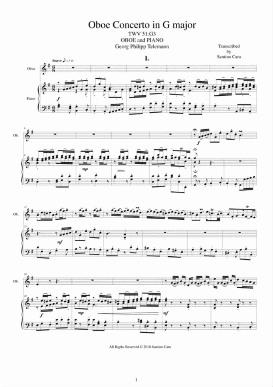 Telemann - Concerto in G major TWV51-G3 for Oboe and Piano Piano scores gallery preview page 1