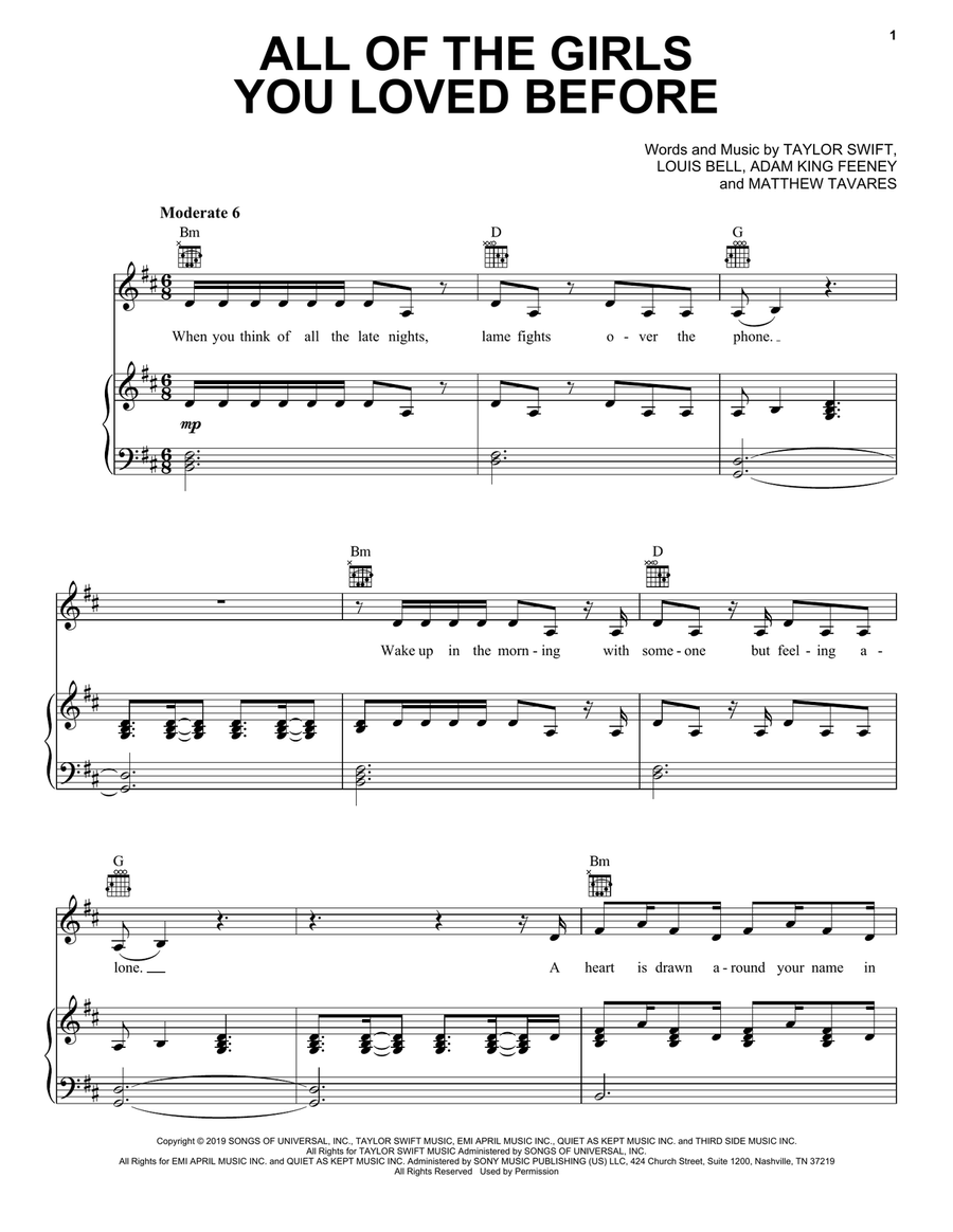 All Of The Girls You Loved Before Piano, Vocal, Guitar scores gallery preview page 1