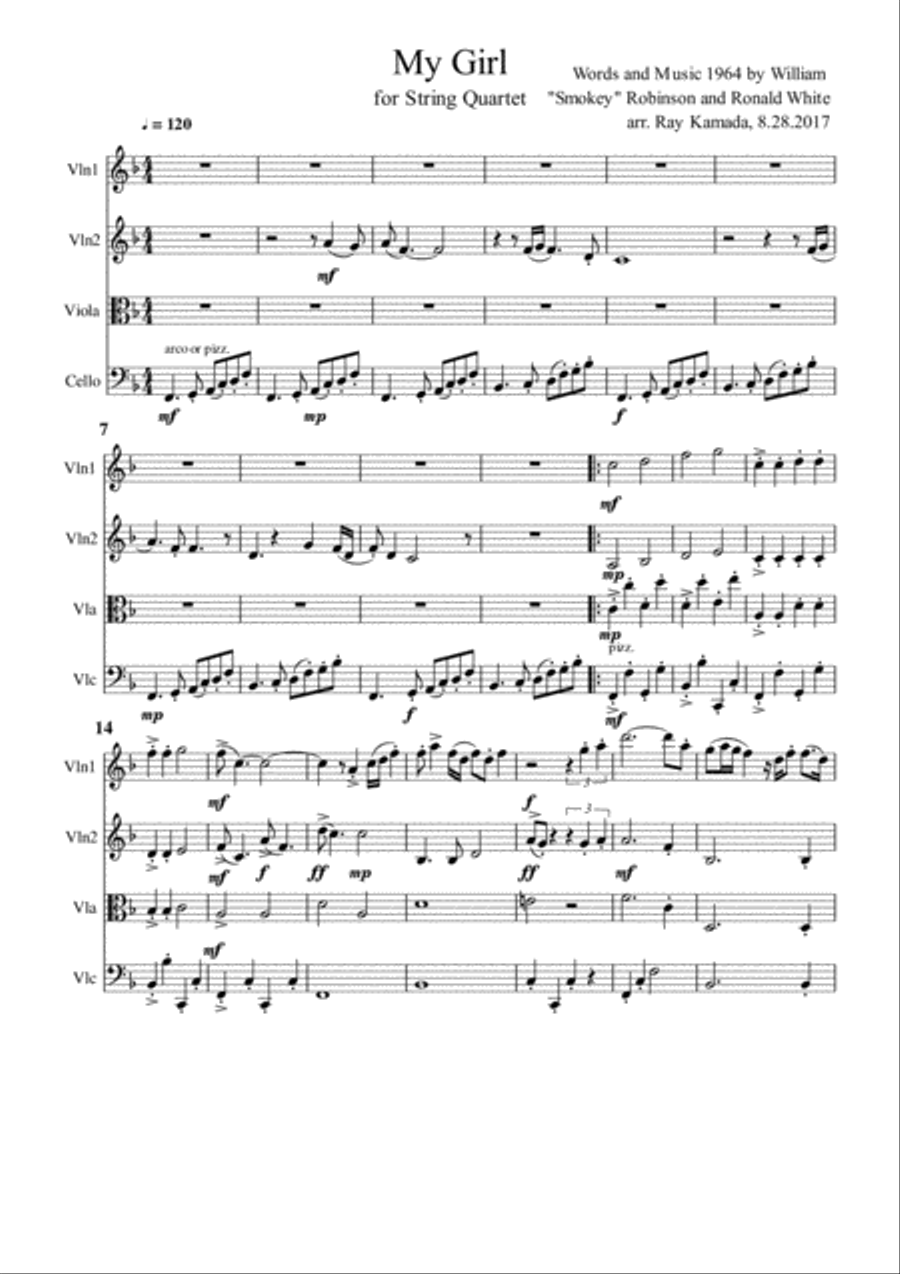 My Girl My Girl String Quartet scores gallery preview page 1