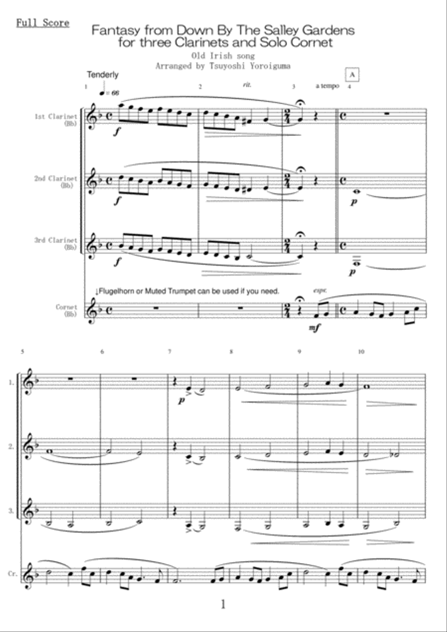 Fantasy from Down By The Salley Gardens for three Clarinets and Solo Cornet Small Ensemble scores gallery preview page 1