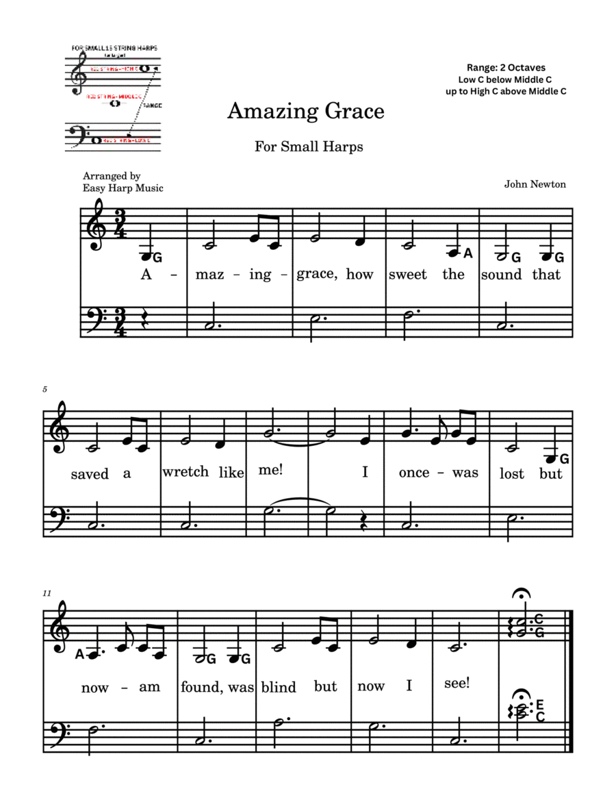 Amazing Grace For Small Harp Easy Beginner Harpsicle Aklot Harp Celtic Harp Lever Harp by John Newton Celtic Harp Digital Sheet Music Sheet Music Plus