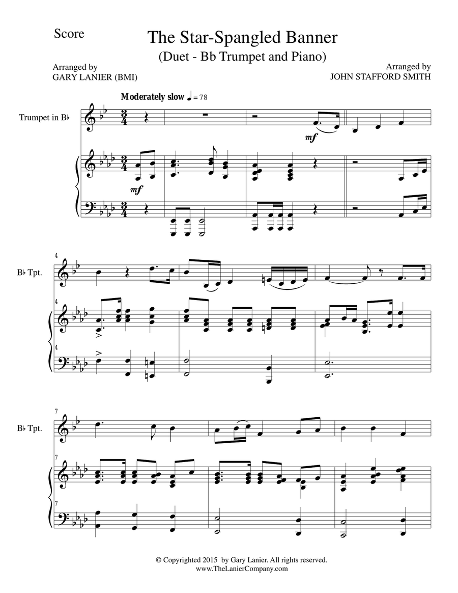 THE STAR-SPANGLED BANNER (Duet – Bb Trumpet and Piano/Score and Parts) Trumpet Duet scores gallery preview page 2
