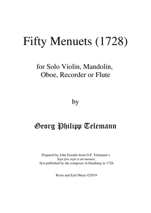 Book cover for 50 Menuets (1728) for Solo Violin, Mandolin, Oboe, Recorder or Flute