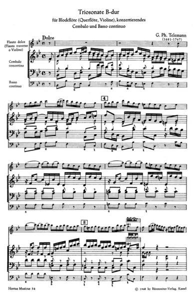 Triosonate for Recorder (Flute, Violin), Solo Harpsichord (Piano) and Basso continuo B flat major TWV 42:B4