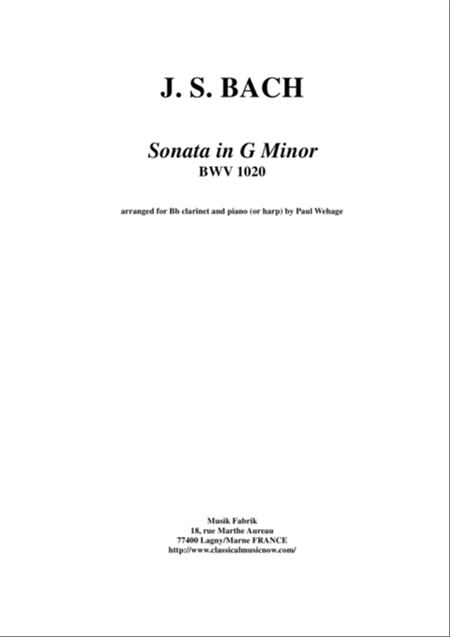 J. S. Bach: Sonata in g minor, BWV 1020 arranged for Bb clarinet and piano (or harp) B-Flat Clarinet scores gallery preview page 1