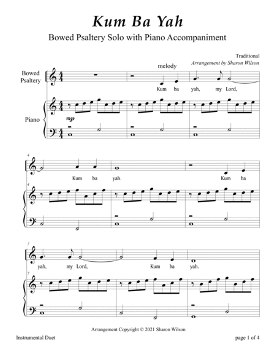 Kum Ba Yah (Easy Bowed Psaltery Solo with Piano Accompaniment) Zither scores gallery preview page 3
