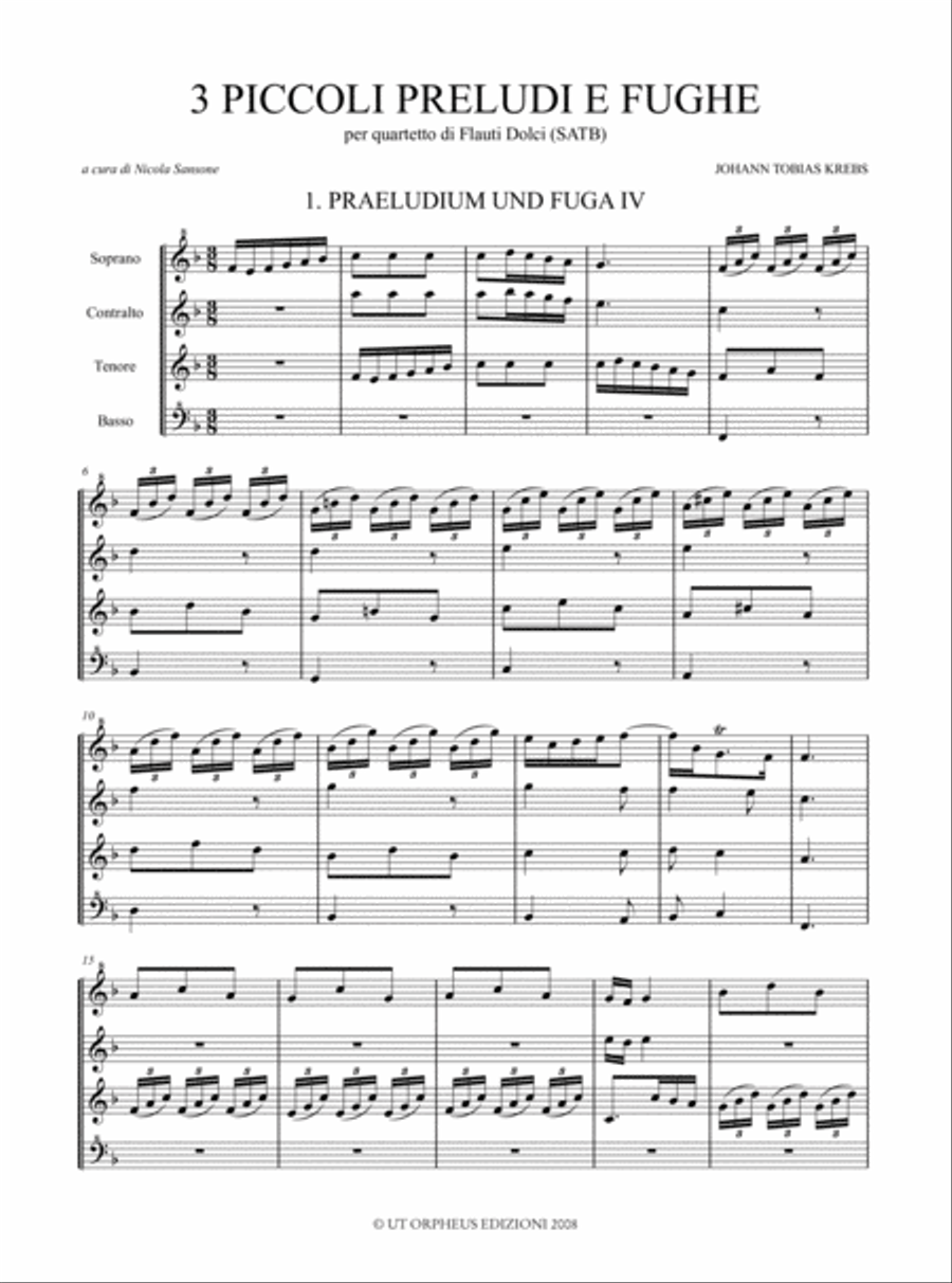 3 little Preludes and Fugues (from the 8 little Preludes and Fugues for Organ previously attributed to J.S. Bach) for Recorder Quartet (SATB) 4-Part scores gallery preview page 2