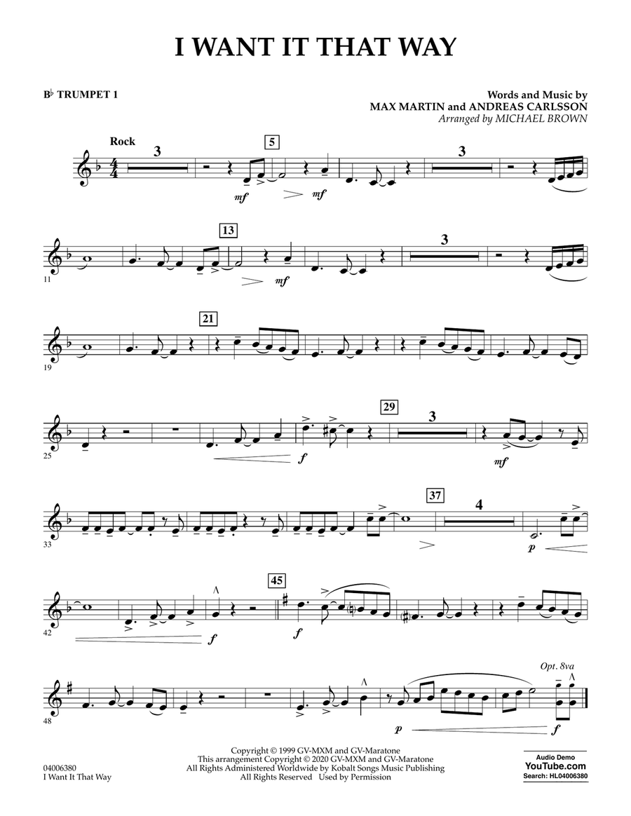 I Want It That Way (arr. Michael Brown) - Bb Trumpet 1 Concert Band scores gallery preview page 1