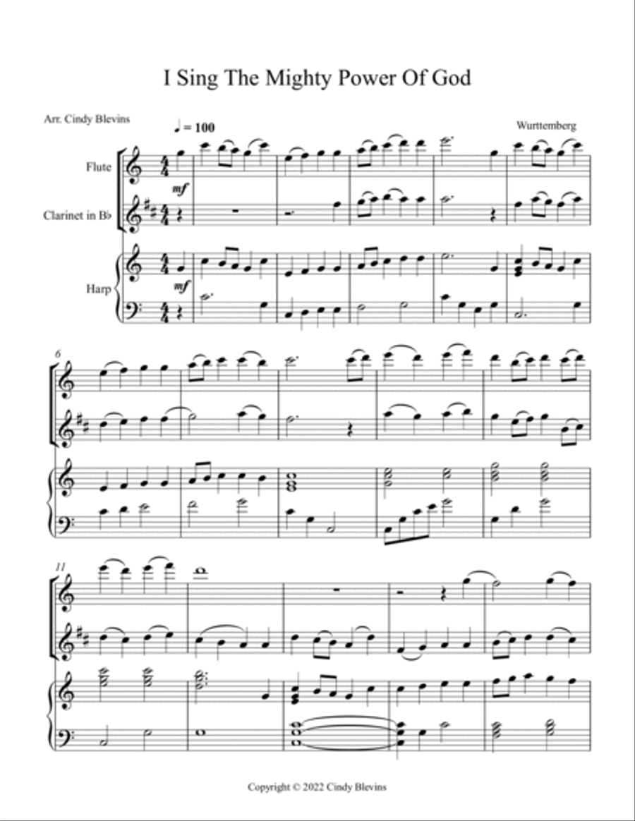 I Sing the Mighty Power Of God, Harp, Flute, and Clarinet Clarinet scores gallery preview page 2
