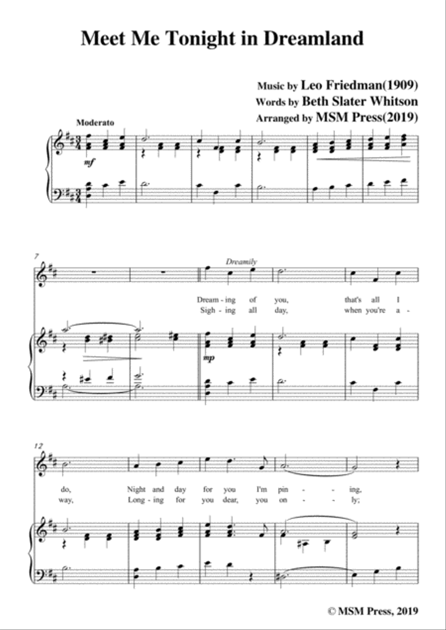 Leo Friedman-Meet Me Tonight in Dreamland,in D Major,for Voic&Piano Voice scores gallery preview page 3